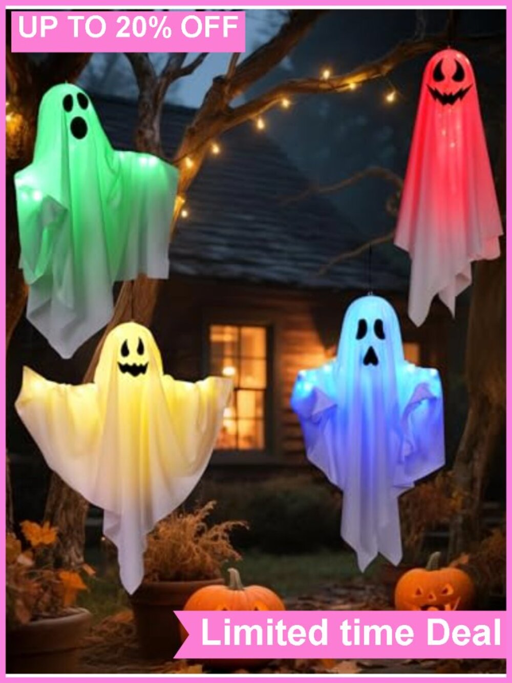 Halloween Light Up Hanging Ghosts 4 Pack LED Outdoor Decor